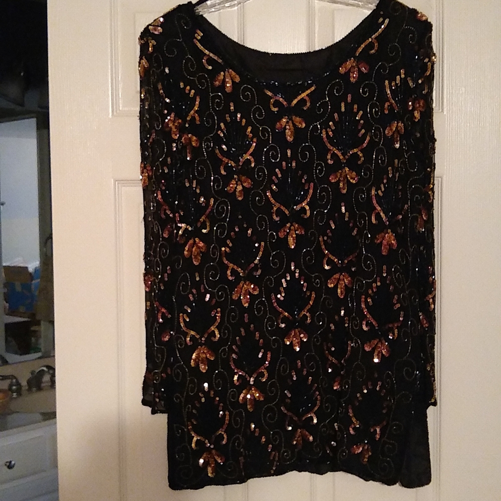 Black Gold bronze sequins silk fancy blouse Long Sleeve Party XL